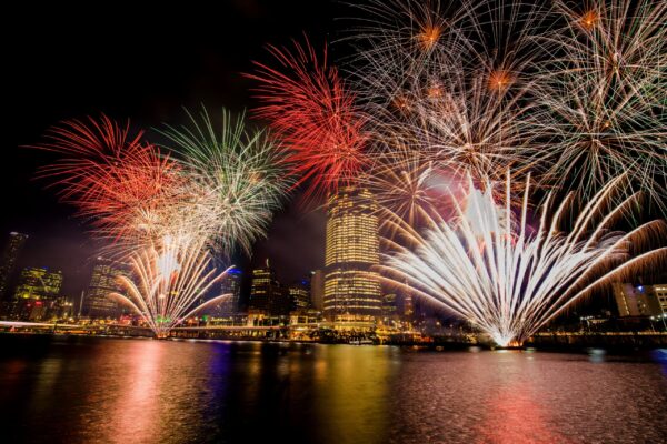 BRISBANE, AUSTRALIA, DEC 23 2016: Colorful fireworks over night sky in Southbank, Brisbane, Australia